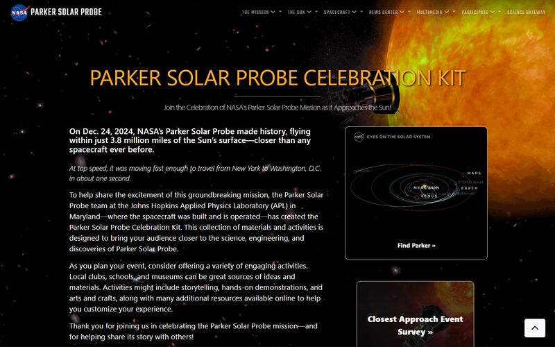 Parker Solar Probe website screenshot
